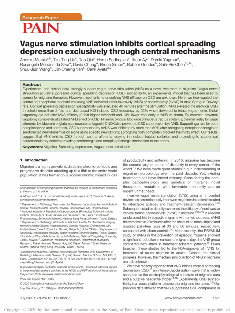 Vagus nerve stimulation inhibits cortical spreading depression exclusively through central mechanisms-1